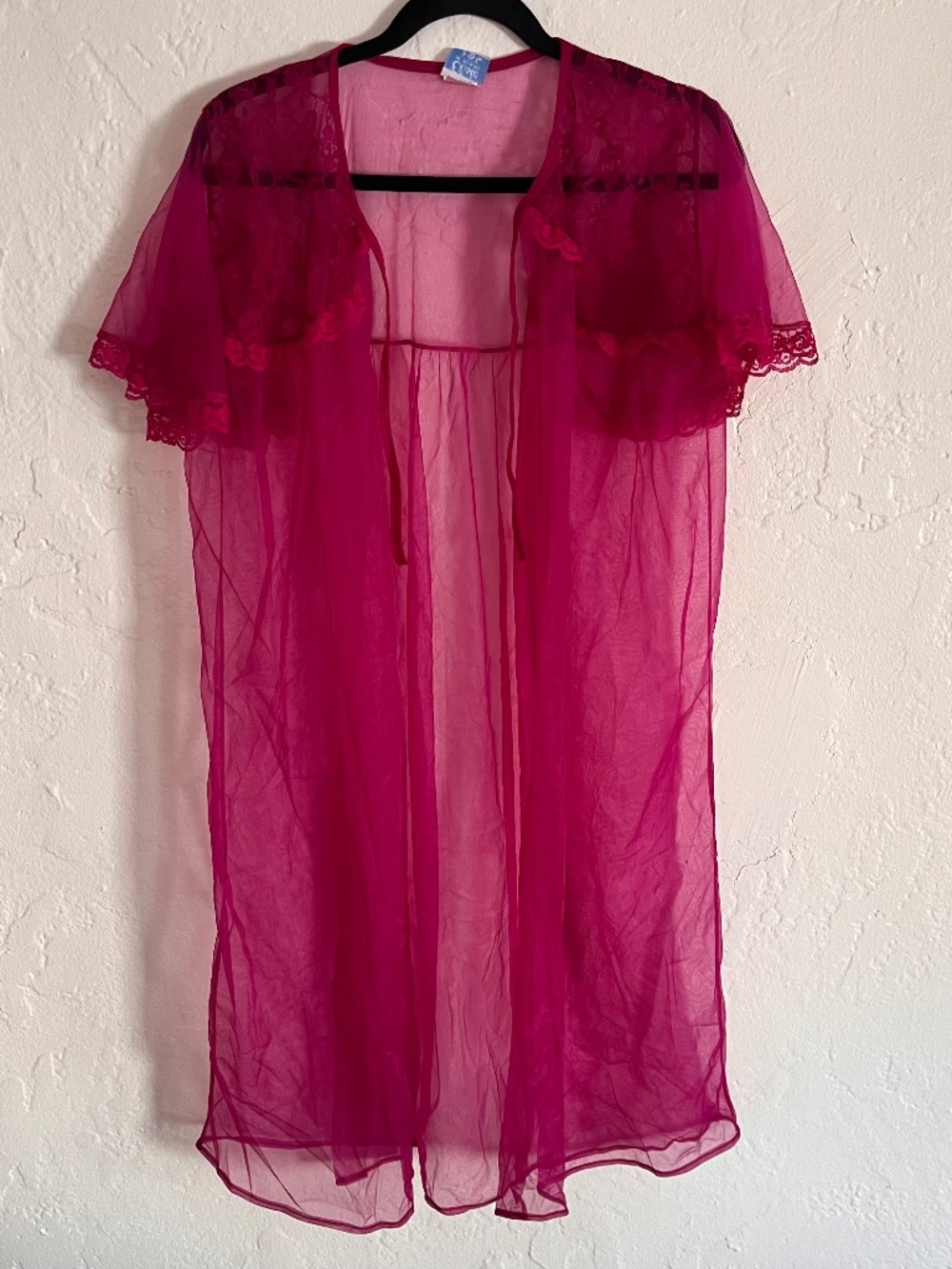 Vintage Elsie of Miami Pink Sheer Lace Peignoir Robe Duster Y2K Layering